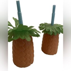 Party Pineapple Cups Tropical Drink w/ Decorative Straws 20 oz 2 Cnt.